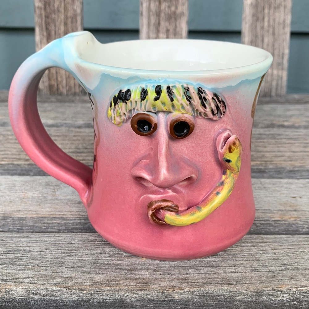 JK Dryden Original Studio Pottery 3D Face Mug Snorkel Snake Whimsical Artsy USA